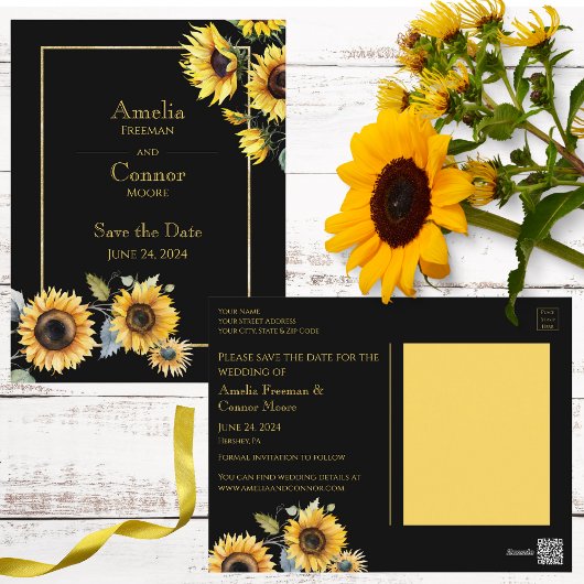 Rustieke zonnebloemen op zwart Save the Date Brief Briefkaart