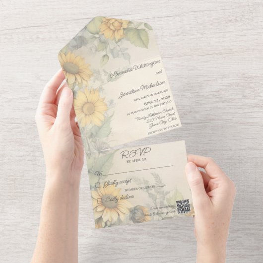 Rustieke Zonnebloemen QR Code All In One Uitnodiging (Afscheurbaar)