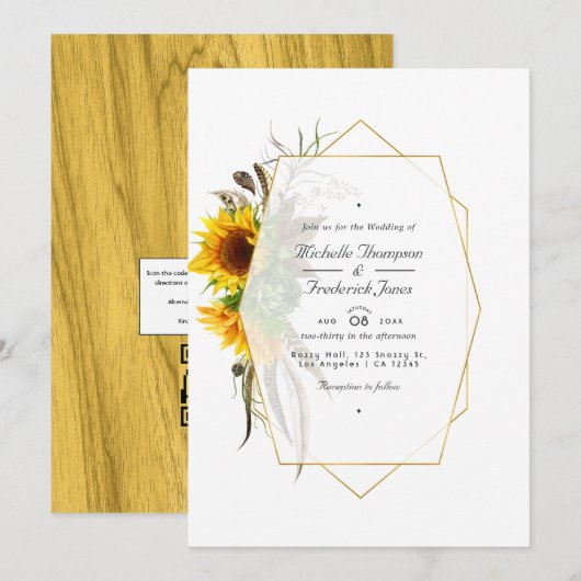 Rustieke zonnebloemen QR-code RSVP bohemien huweli Kaart (Voorkant / Achterkant)