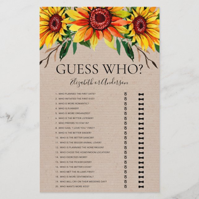Rustieke Zonnebloemen Raad Wie Bruidsfeest Spel (Voorkant)