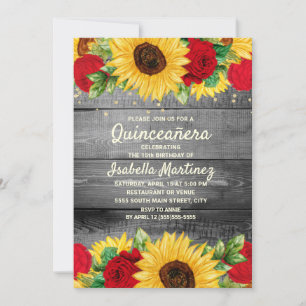 Rustieke zonnebloemen rode rozen Quinceañera-foto Kaart