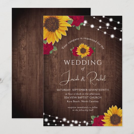 Rustieke Zonnebloemen Rode Rozen String Lights Bru Kaart (Voorkant / Achterkant)