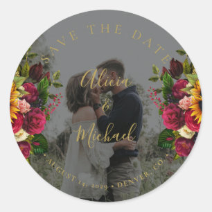 Rustieke zonnebloemen rozen foto bruiloft opslaan  ronde sticker