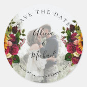 Rustieke zonnebloemen rozen foto bruiloft opslaan  ronde sticker (Voorkant)