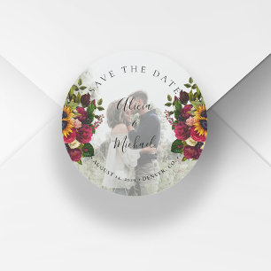 Rustieke zonnebloemen rozen foto bruiloft opslaan ronde sticker