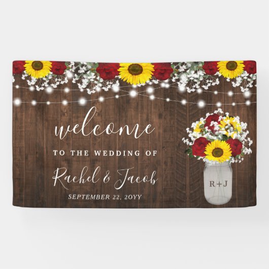 Rustieke Zonnebloemen Rozen Jar String Lights Brui Spandoek (Horizontaal)