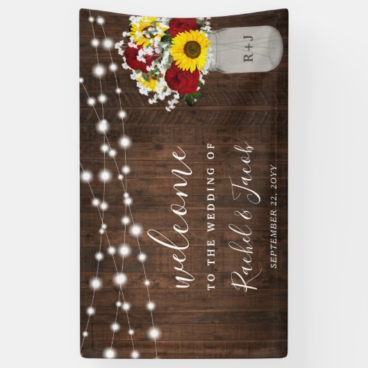 Rustieke Zonnebloemen Rozen Jar String Lights Brui Spandoek (Verticaal)