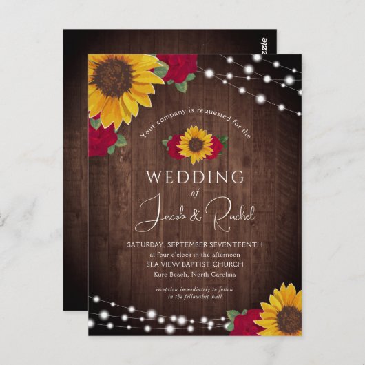 Rustieke Zonnebloemen Rozen Lichten Bruiloft Uitno Briefkaart (Voorkant / Achterkant)