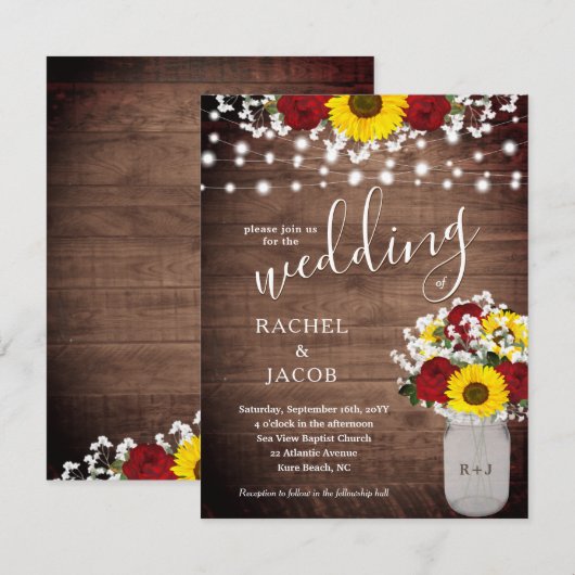 Rustieke Zonnebloemen & Rozen Mason Jar Bruiloft (Voorkant / Achterkant)