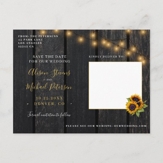 Rustieke zonnebloemen schuur hout save the date br aankondigingskaart (Achterkant)