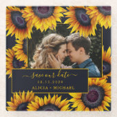 Rustieke zonnebloemen script bruiloft foto opslaan glazen onderzetter (Voorkant)