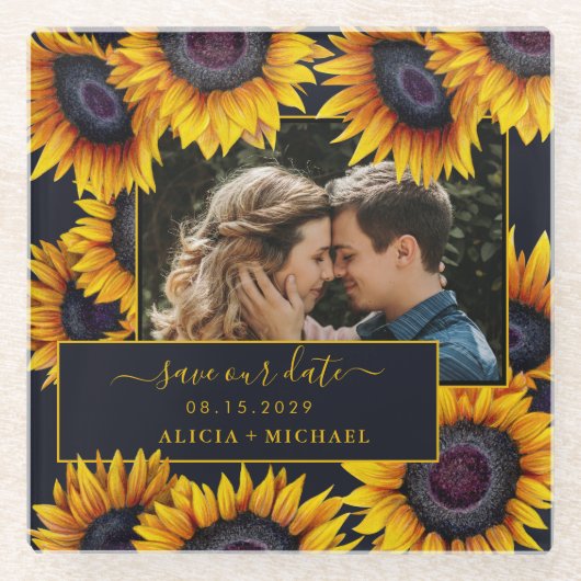 Rustieke zonnebloemen script bruiloft foto opslaan glazen onderzetter (Voorkant)