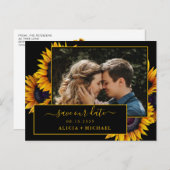 Rustieke zonnebloemen script foto bruiloft opslaan aankondigingskaart (Voorkant / Achterkant)