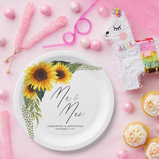 Rustieke Zonnebloemen Script Mr. en Mrs. Wedding Papieren Bordje (Feest)