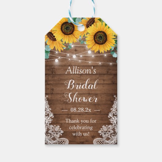 Rustieke Zonnebloemen String Lights Baby Vrijgezel Cadeaulabel (Voorkant)