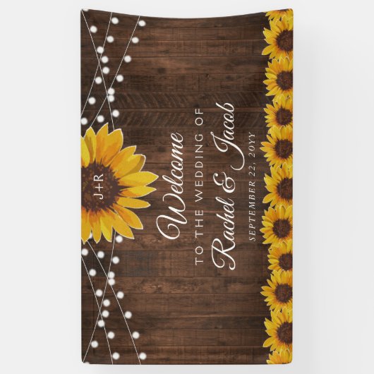 Rustieke Zonnebloemen String Lights op Hout Weddin Spandoek (Verticaal)
