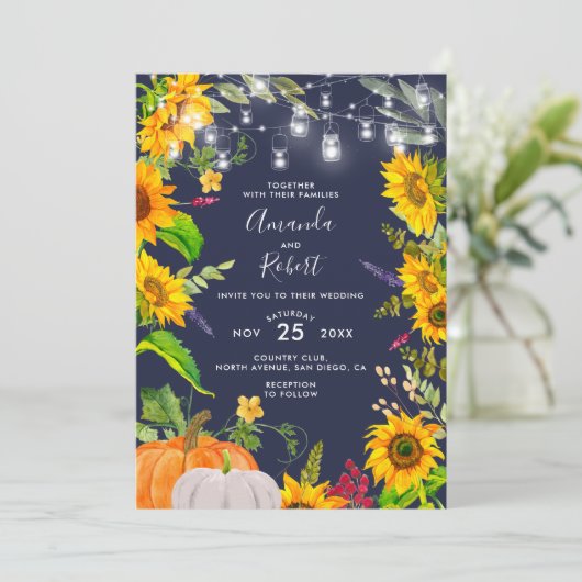 Rustieke Zonnebloemen String Lights Pompoen Navy B Kaart (Staand voorkant)