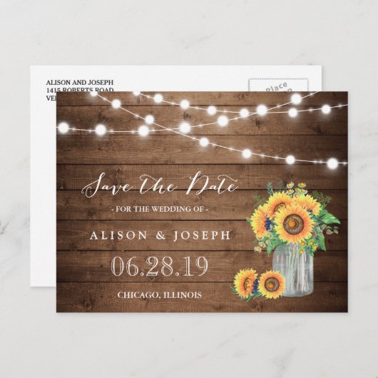 Rustieke Zonnebloemen String Lights Save the Date Aankondigingskaart (Voorkant / Achterkant)