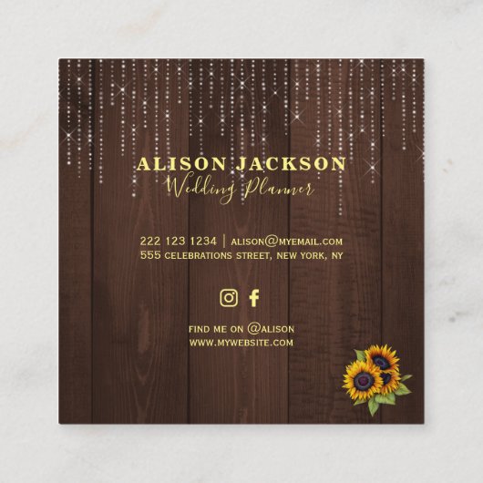Rustieke Zonnebloemen String Lights Weddingplanner Vierkante Visitekaartje (Achterkant)