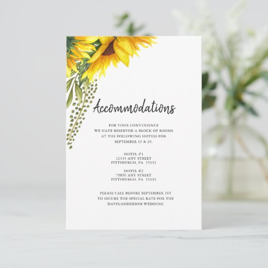 Rustieke zonnebloemen | Trouwaccommodaties Informatiekaartje (Staand voorkant)