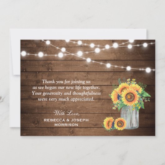 Rustieke zonnebloemen trouwfoto dank u bedankkaart (Achterkant)