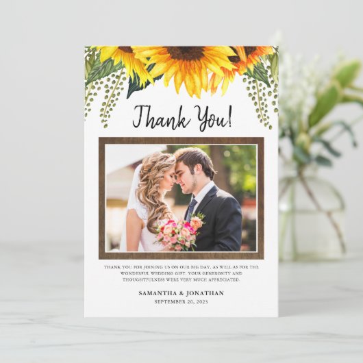 Rustieke zonnebloemen trouwfoto dank u kaart (Staand voorkant)