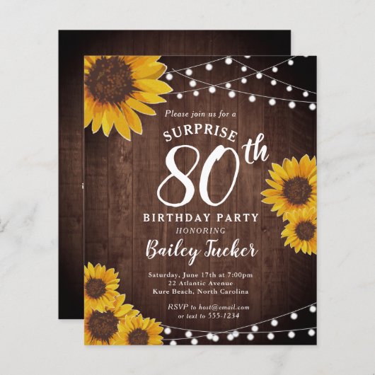 Rustieke Zonnebloemen Verrassing 80ste Verjaardag  (Voorkant / Achterkant)