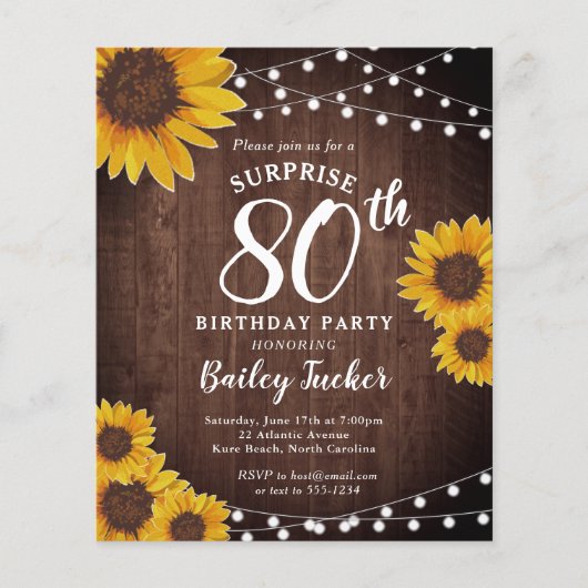 Rustieke Zonnebloemen Verrassing 80ste Verjaardag  (Voorkant)