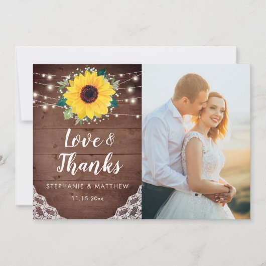 Rustieke zonnebloemen wit bloemenbruiloft foto bedankkaart (Voorkant)
