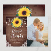 Rustieke zonnebloemen wit bloemenbruiloft foto bedankkaart (Voorkant / Achterkant)