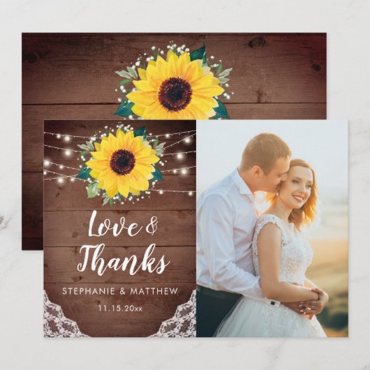 Rustieke zonnebloemen wit bloemenbruiloft foto bedankkaart (Voorkant / Achterkant)