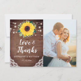 Rustieke zonnebloemen wit bloemenbruiloft foto bedankkaart