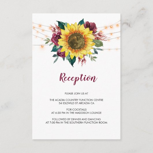 Rustieke Zonnebloemenverlichting Bloemen Bruiloft  Informatiekaartje (Voorkant)