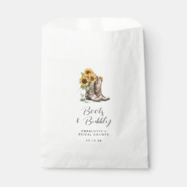 Rustieke zonnebloemlaarzen en bruisende bruidsmeis bedankzakje