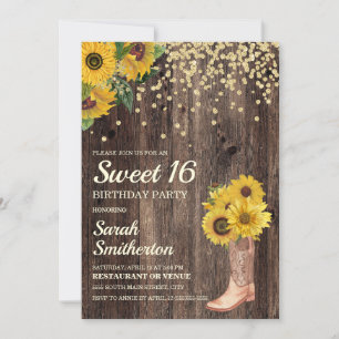 Rustieke zonnebloemlaarzen Glitter Sweet 16 Verjaa Kaart