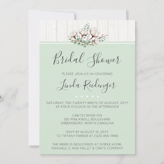 Rustieke zuidelijke katoen bruids douche uitnodigi kaart (Voorkant)