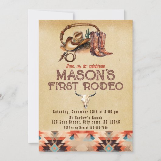 Rustieke zuidwestelijke cowboy mijn eerste rodeo v kaart (Voorkant)