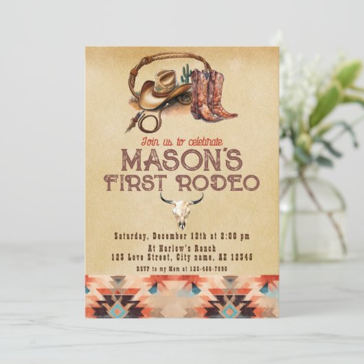 Rustieke zuidwestelijke cowboy mijn eerste rodeo v kaart (Staand voorkant)