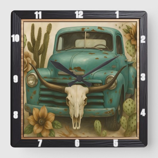 Rustieke Zuidwestelijke Vrachtwagenschedel Vierkante Klok (Voorkant)