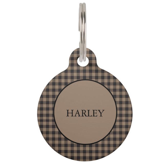 Rustieke Zwart Buffel Plaid Monogram Huisdierpenning (Voorkant)