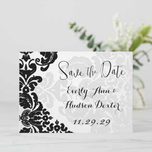 Rustieke Zwart Damask Bruiloft Save the Date Kaart (Staand voorkant)