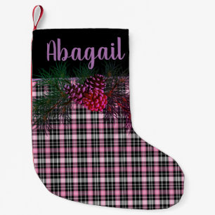 Rustieke zwart, roze tartan ruit - pijnboomkegel kleine kerstsok