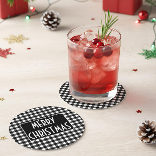 Rustieke Zwart-Wit Buffalo Plaid Prettig Kerstfees Ronde Kartonnen Onderzetter