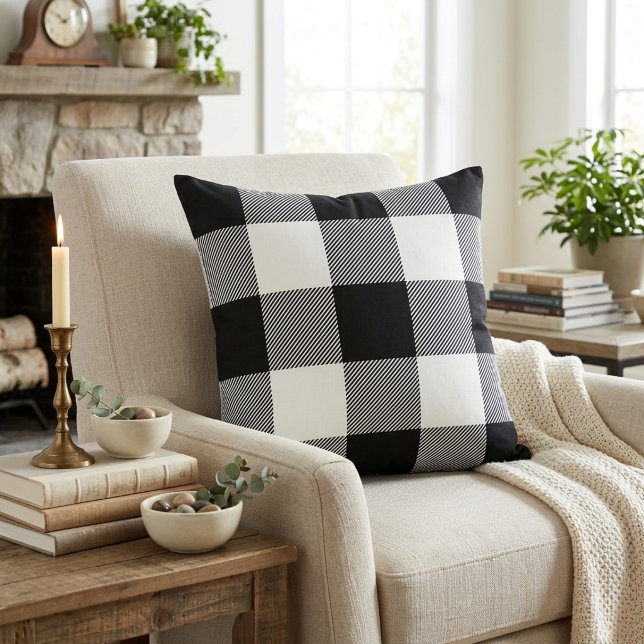 Rustieke zwart-wit buffelruitpatroon boerderijstij kussen (Modern Farmhouse Black and White Buffalo Plaid Throw Pillow.  A cozy addition to your home decor.)