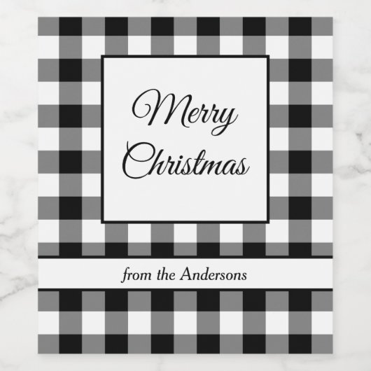 Rustieke zwart-wit geruite vrolijke kerst wijn etiket (Enkel label)