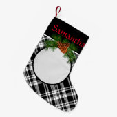 Rustieke zwart-wit plaid met dennenappel kleine kerstsok (Voorkant (Hangend))