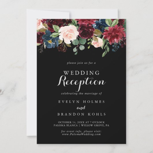 Rustieke Zwarte Botanische Trouwreceptie Kaart (Voorkant)