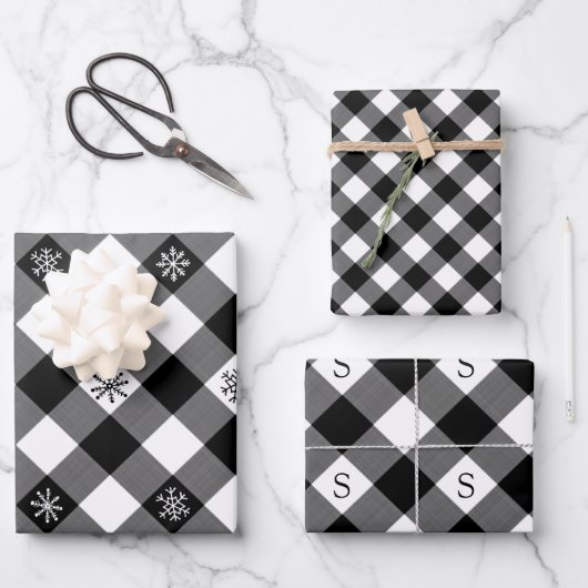 Rustieke zwarte buffel geruite sneeuwvlok monogram inpakpapier vel (Voorkant)