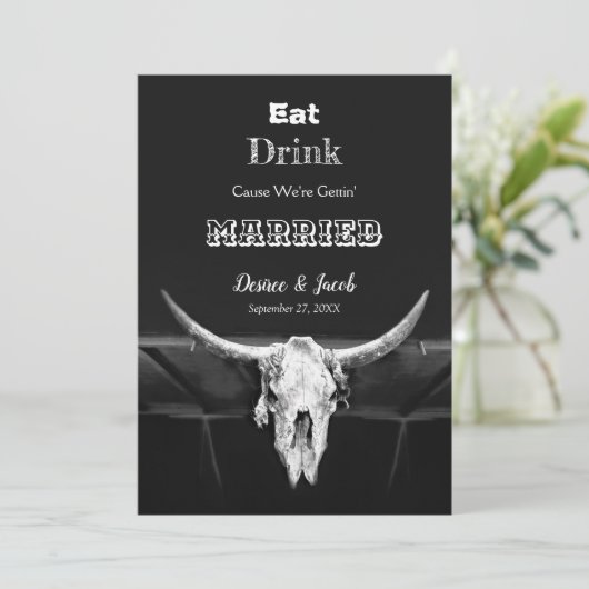 Rustieke Zwarte Eet Drink Getrouwd Stier Koe Sched Aankondiging (Staand voorkant)