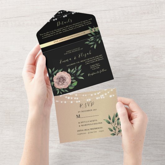 Rustieke zwarte en roze bloemenbruiloft all in one uitnodiging (Afscheurbaar)